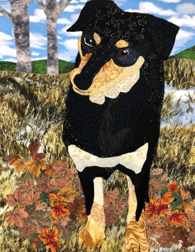 Black dog with leaves and trees custom wallhanging