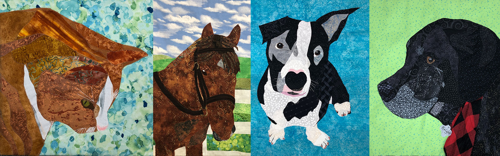 four fabric pet portraits of a cat, a horse, and two dogs