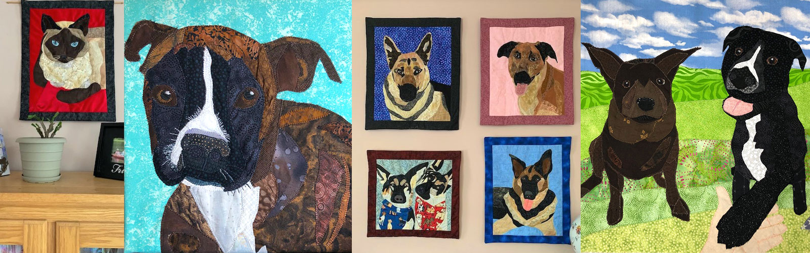 collage of pet memorial portraits: cat and dog wall hangings in fabric