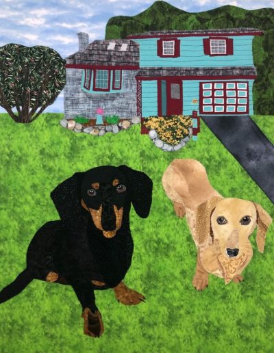 Two dogs in their front yard with house in background - custom order