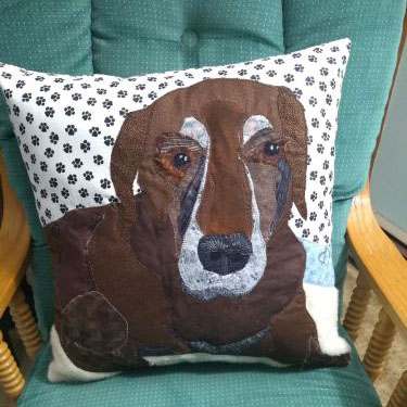 fabric picture of dog on pillow as pet memorial present
